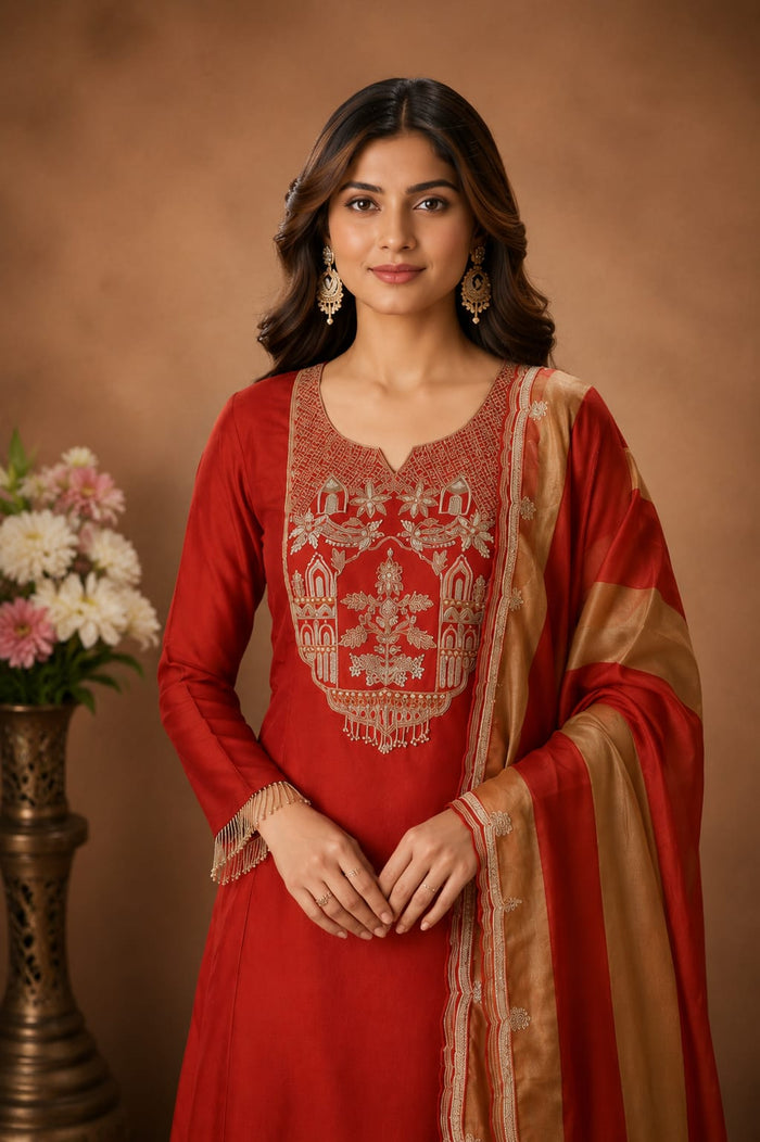 Red Embroidered Kurta Set with Dupatta