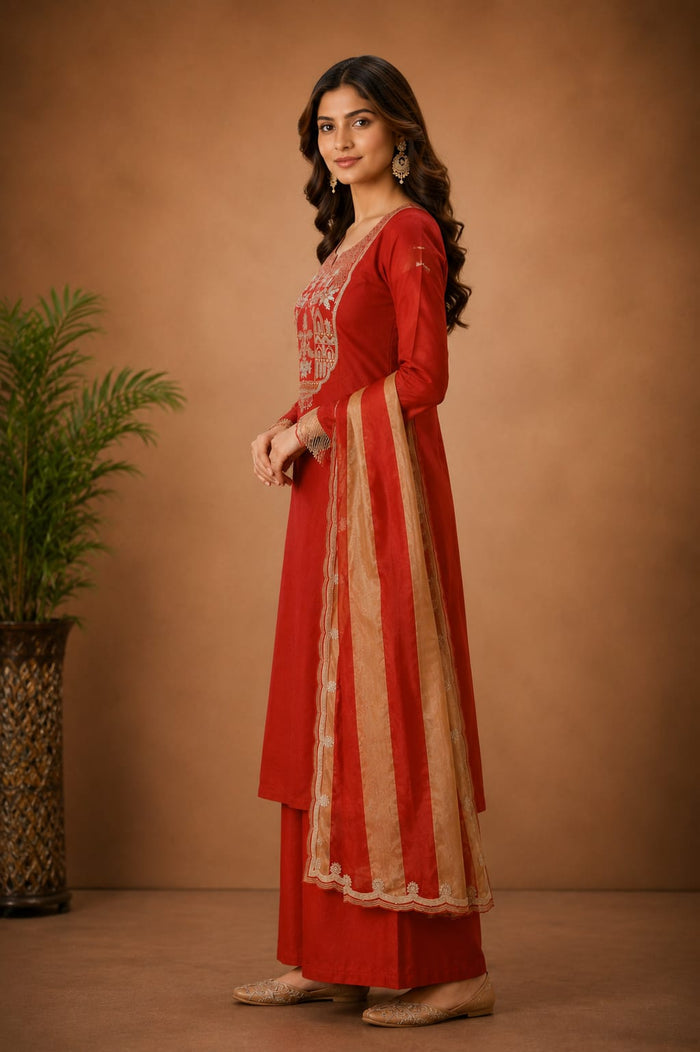 Red Embroidered Kurta Set with Dupatta
