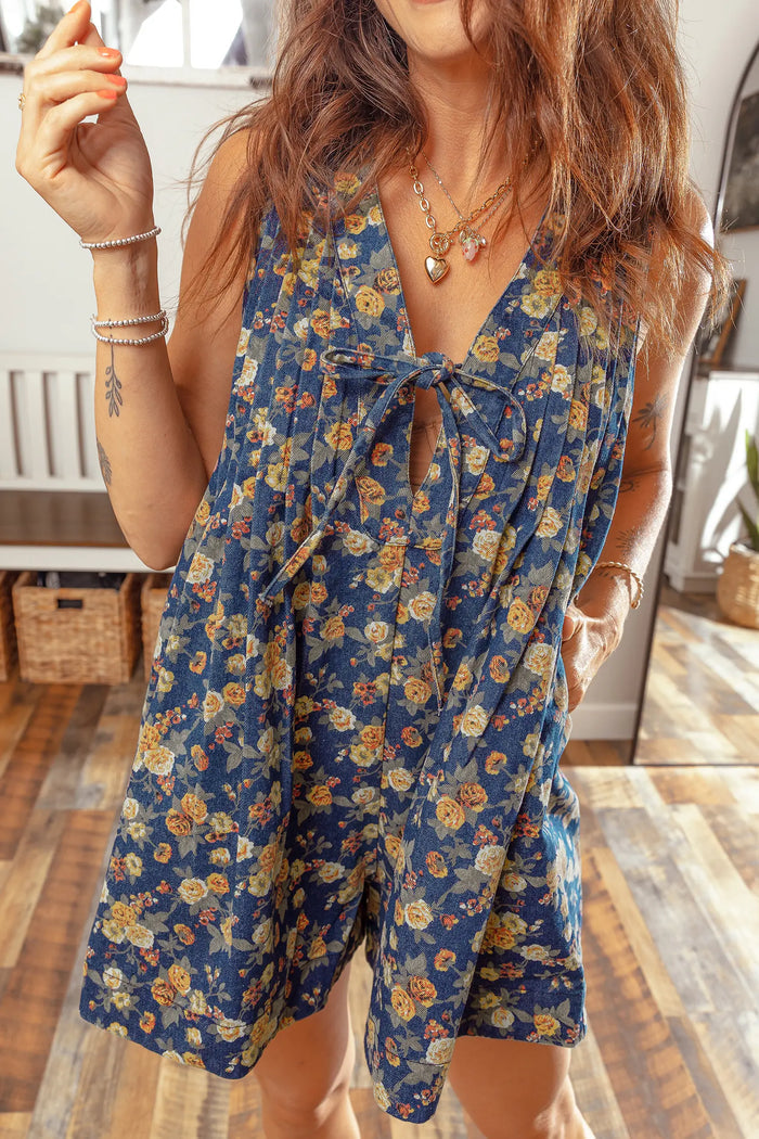 Retro Floral Print Bow Tie V Neck Sleeveless Pleated Loose Denim Romper – Blue