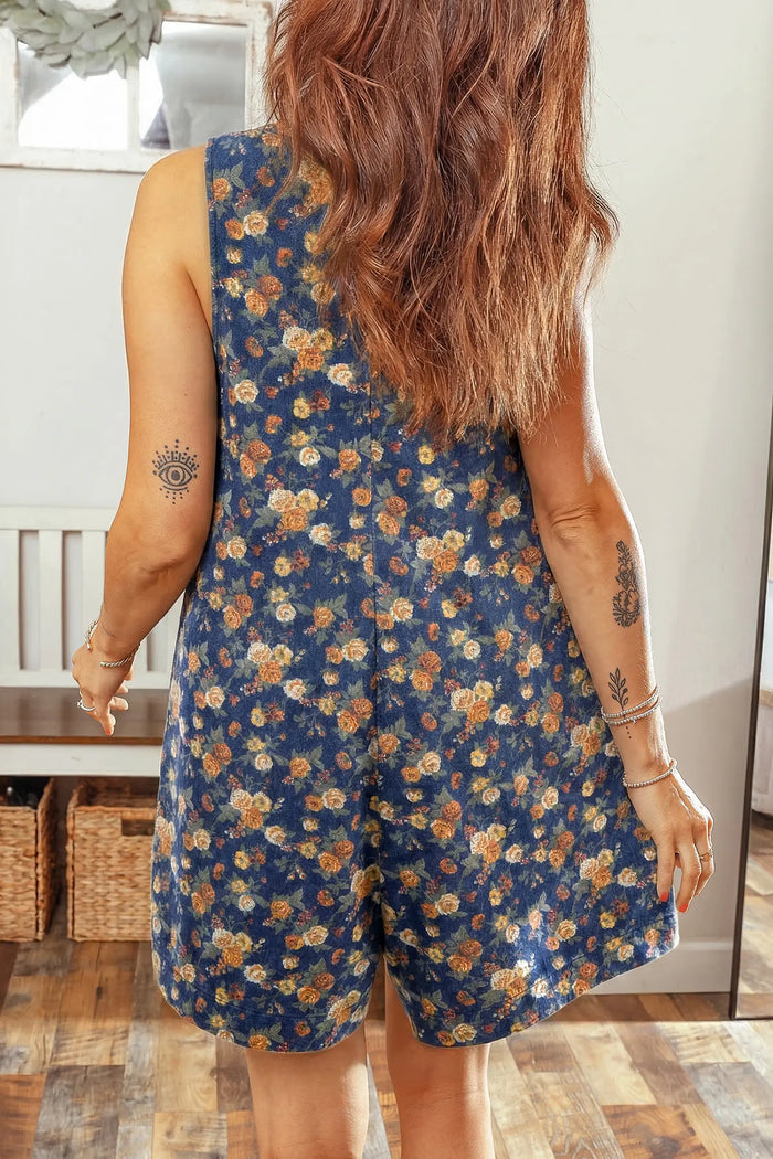 Retro Floral Print Bow Tie V Neck Sleeveless Pleated Loose Denim Romper – Blue