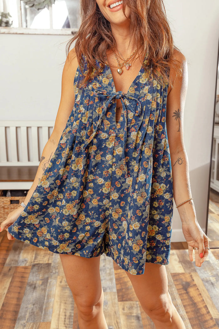 Retro Floral Print Bow Tie V Neck Sleeveless Pleated Loose Denim Romper – Blue