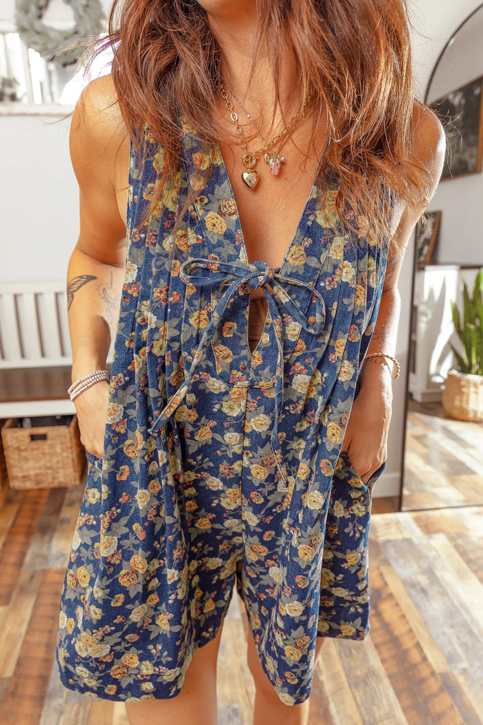 Retro Floral Print Bow Tie V Neck Sleeveless Pleated Loose Denim Romper – Blue