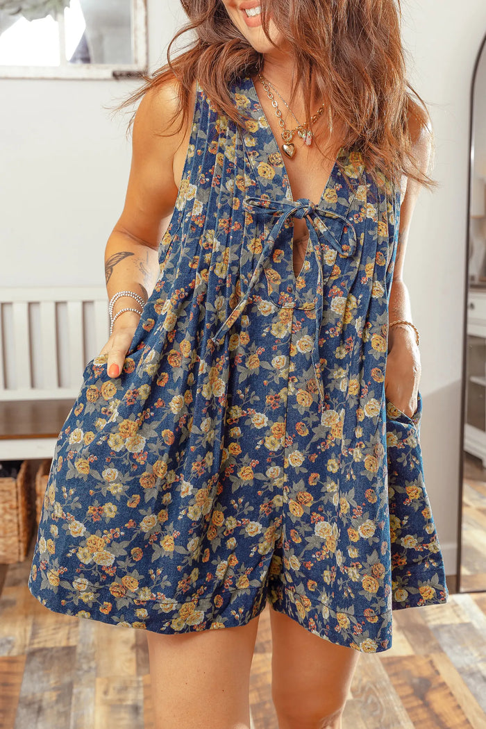 Retro Floral Print Bow Tie V Neck Sleeveless Pleated Loose Denim Romper – Blue