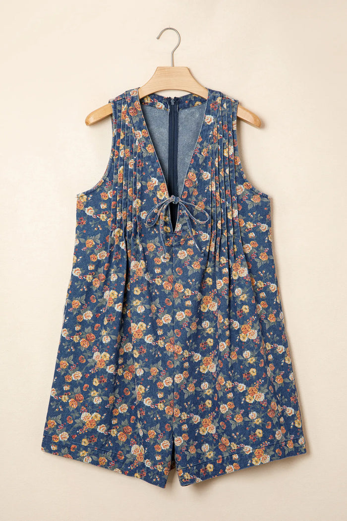 Retro Floral Print Bow Tie V Neck Sleeveless Pleated Loose Denim Romper – Blue
