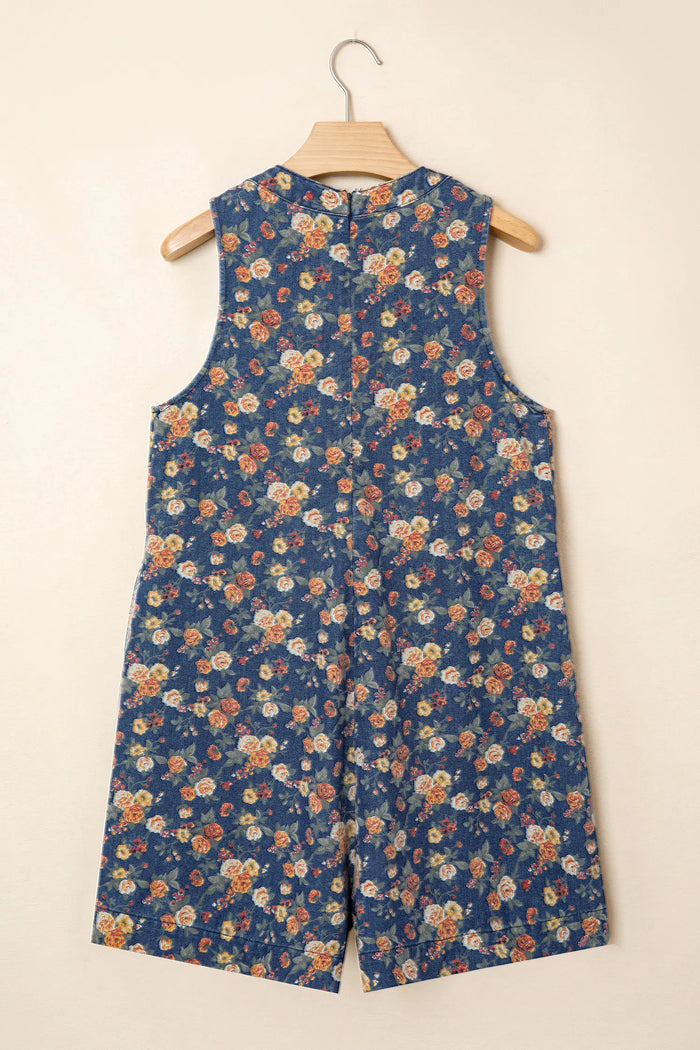 Retro Floral Print Bow Tie V Neck Sleeveless Pleated Loose Denim Romper – Blue