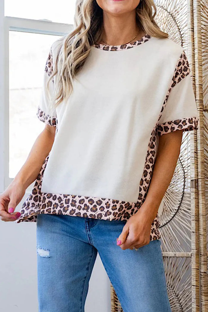 Ribbed Leopard Patchwork Uneven Hem T Shirt – White