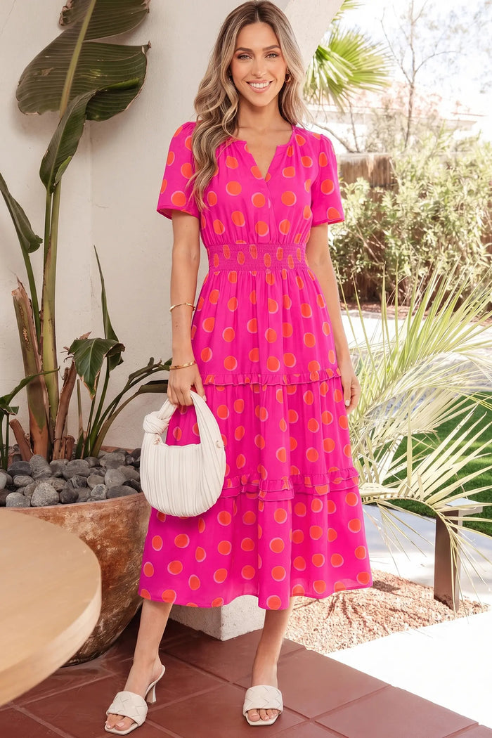Rose Polka Dot Short Sleeve Shirred High Waist Midi Dress