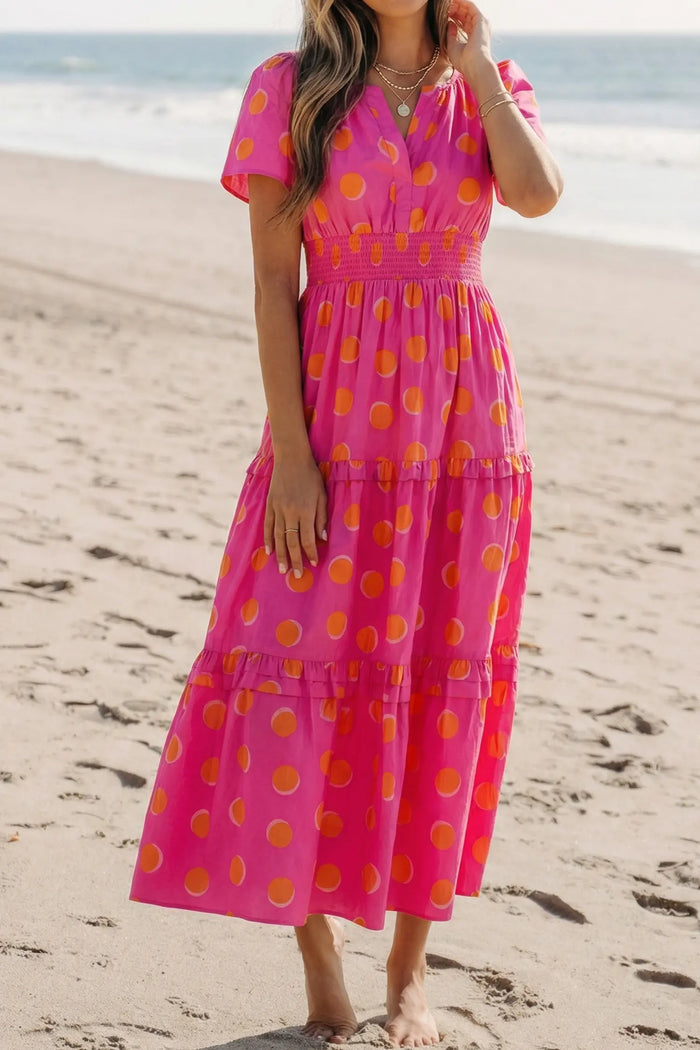 Rose Polka Dot Short Sleeve Shirred High Waist Midi Dress