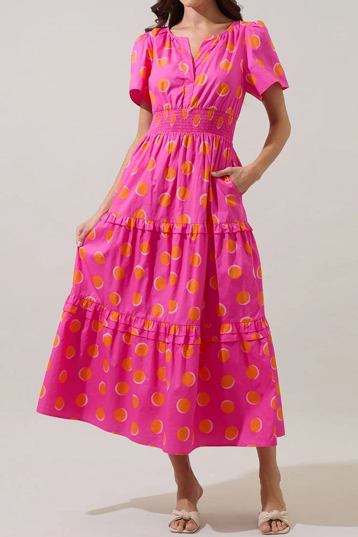 Rose Polka Dot Short Sleeve Shirred High Waist Midi Dress
