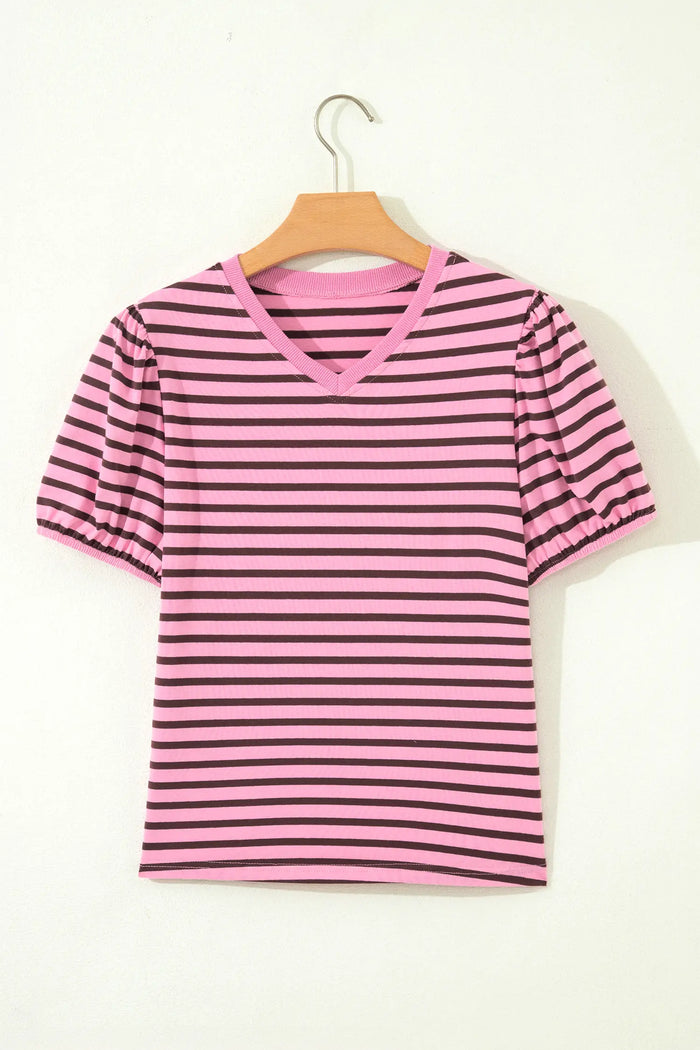Rose Stripe V-Neck Puff Sleeve Top – Ribbed Collar & Cuff Detail