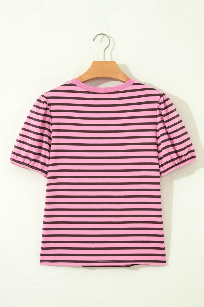 Rose Stripe V-Neck Puff Sleeve Top – Ribbed Collar & Cuff Detail