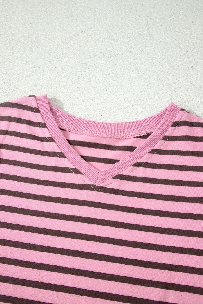 Rose Stripe V-Neck Puff Sleeve Top – Ribbed Collar & Cuff Detail