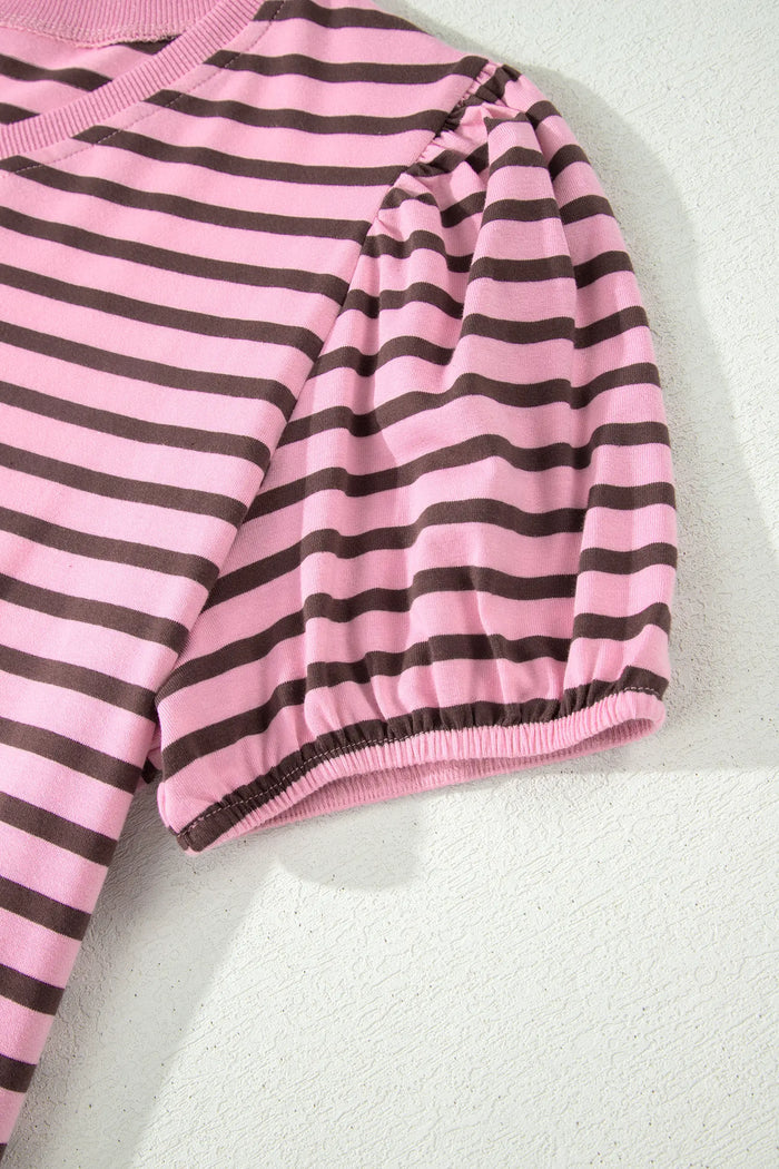 Rose Stripe V-Neck Puff Sleeve Top – Ribbed Collar & Cuff Detail