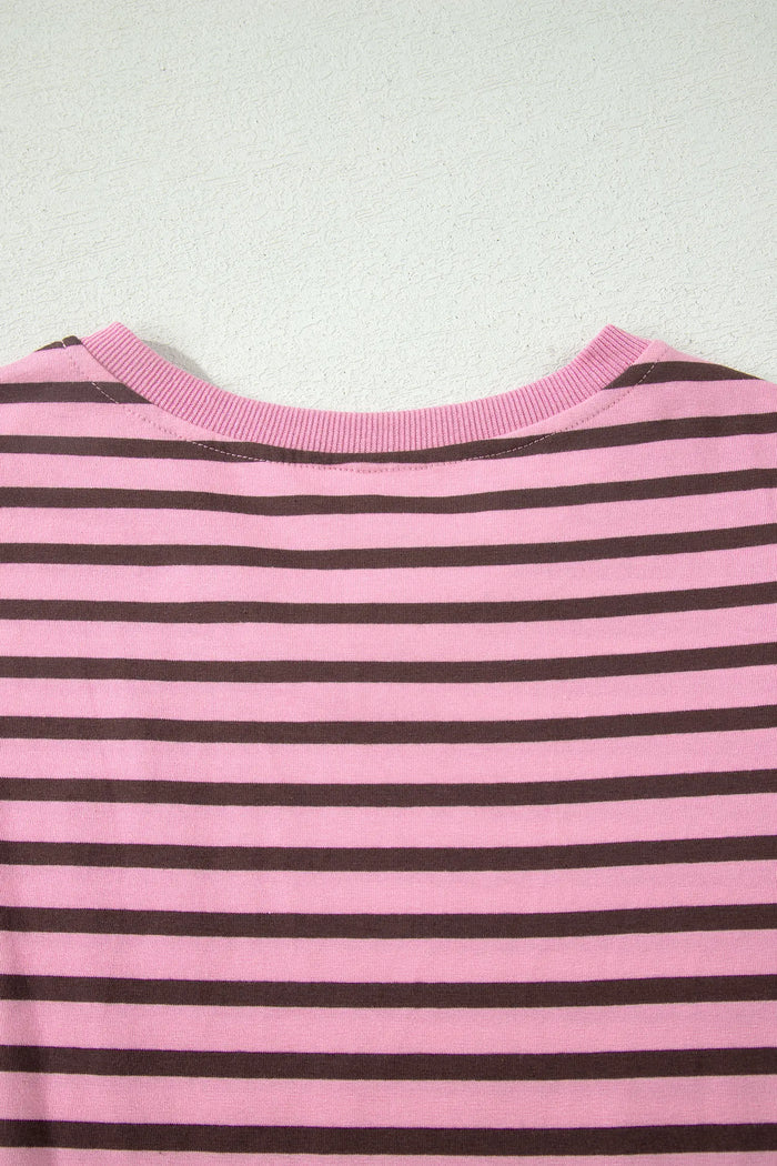 Rose Stripe V-Neck Puff Sleeve Top – Ribbed Collar & Cuff Detail