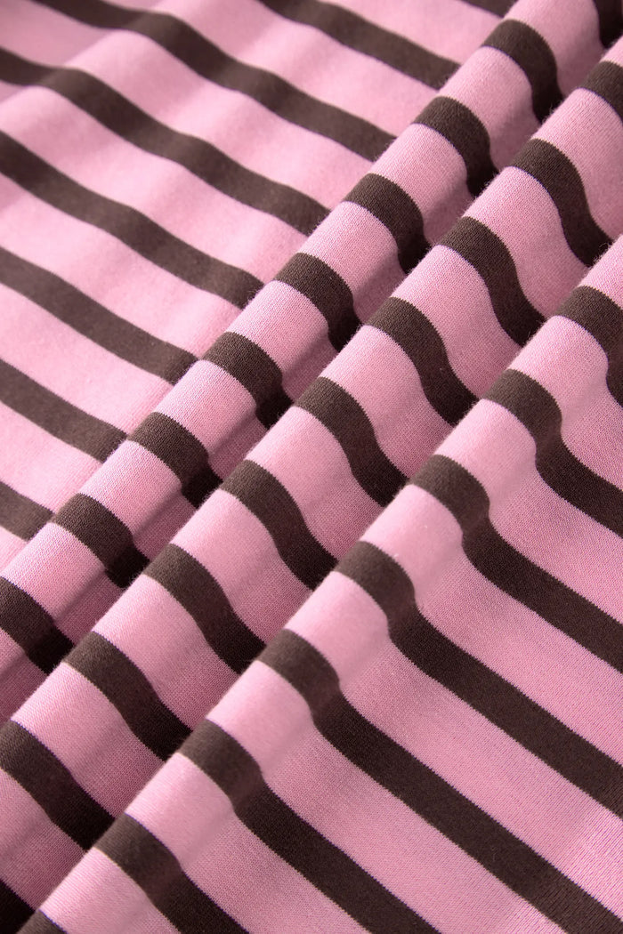 Rose Stripe V-Neck Puff Sleeve Top – Ribbed Collar & Cuff Detail