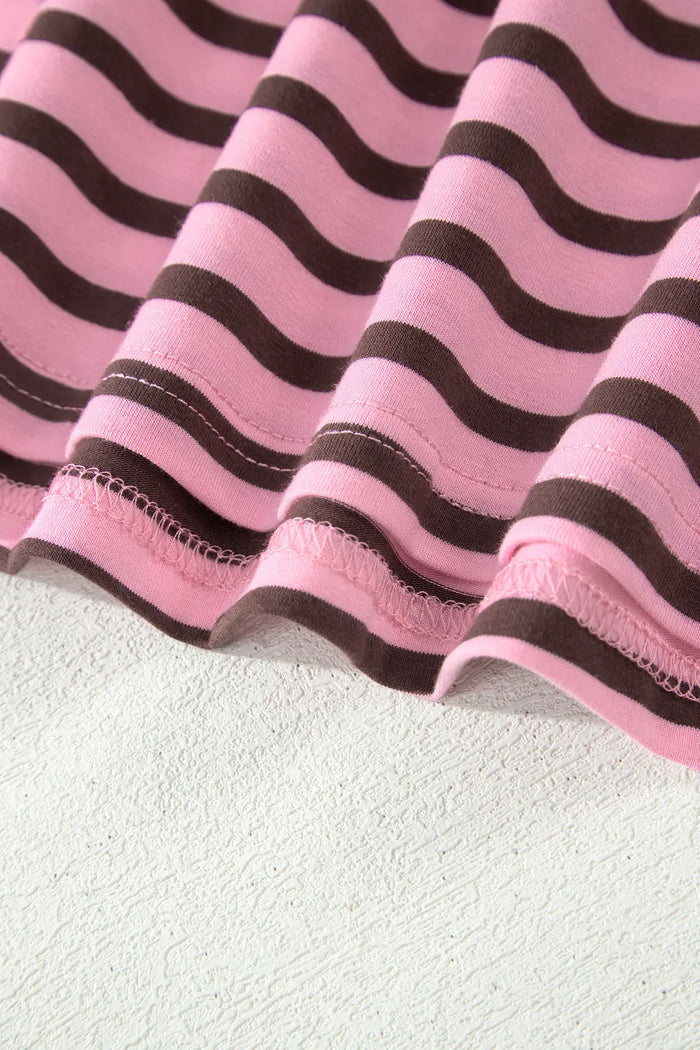 Rose Stripe V-Neck Puff Sleeve Top – Ribbed Collar & Cuff Detail