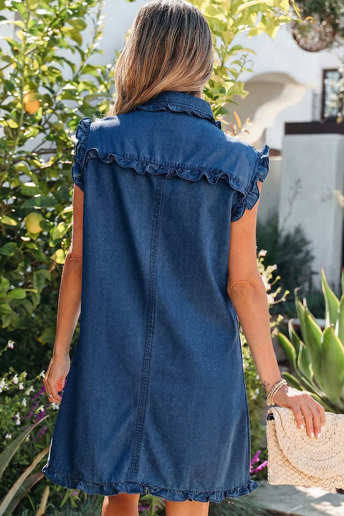 Ruffled Edge Collared Shift Denim Dress with Pockets