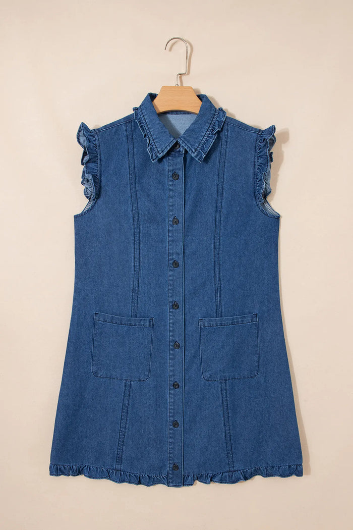 Ruffled Edge Collared Shift Denim Dress with Pockets