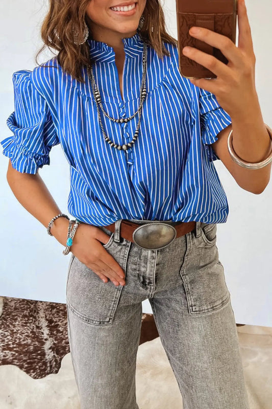 Ruffled Short Puff Sleeve Button Front Blouse – Blue Stripe