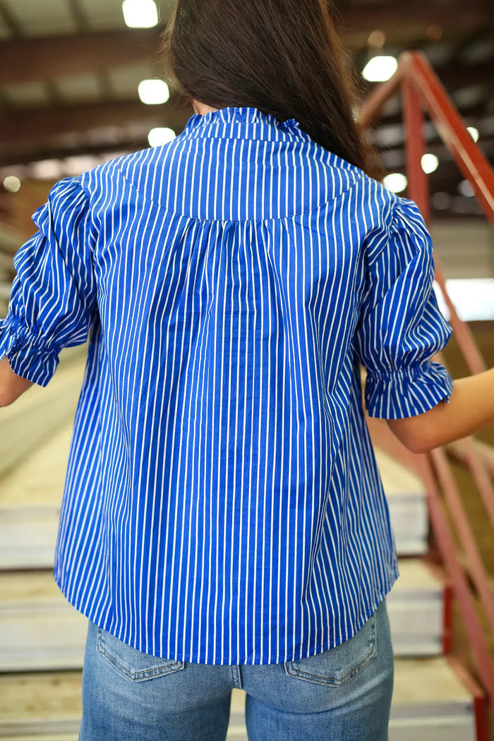 Ruffled Short Puff Sleeve Button Front Blouse – Blue Stripe