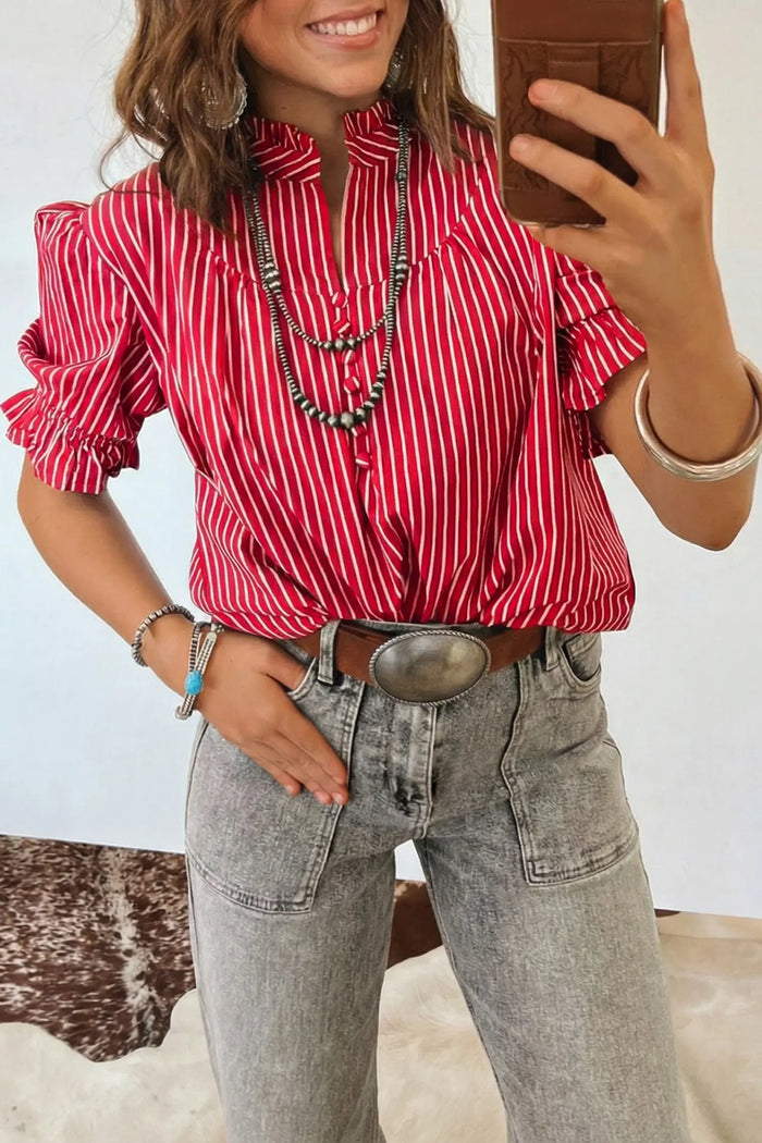 Ruffled Short Puff Sleeve Button Front Blouse – Blue Stripe