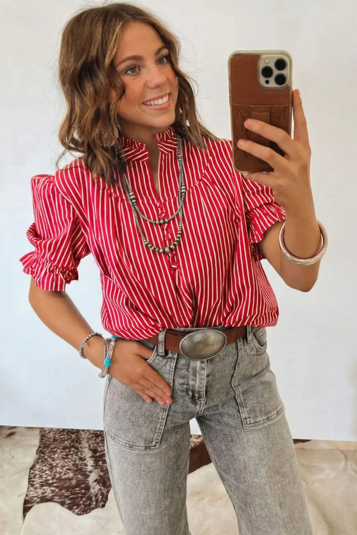 Ruffled Short Puff Sleeve Button Front Blouse – Blue Stripe