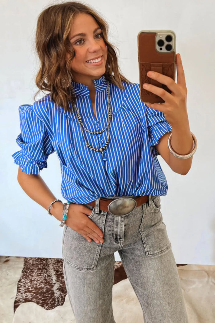 Ruffled Short Puff Sleeve Button Front Blouse – Blue Stripe