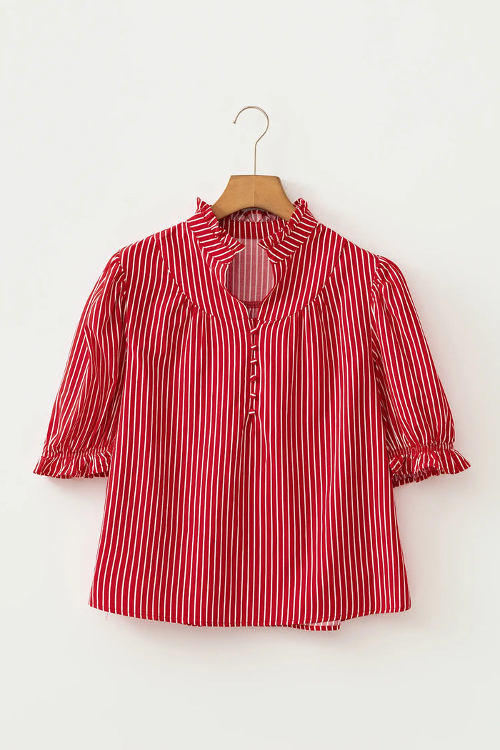 Ruffled Short Puff Sleeve Button Front Blouse – Blue Stripe
