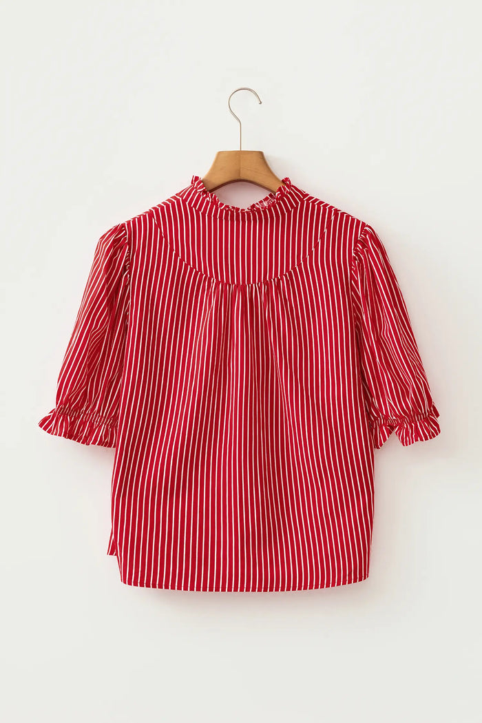 Ruffled Short Puff Sleeve Button Front Blouse – Blue Stripe