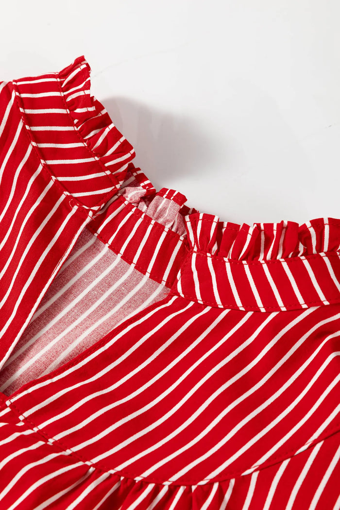 Ruffled Short Puff Sleeve Button Front Blouse – Blue Stripe