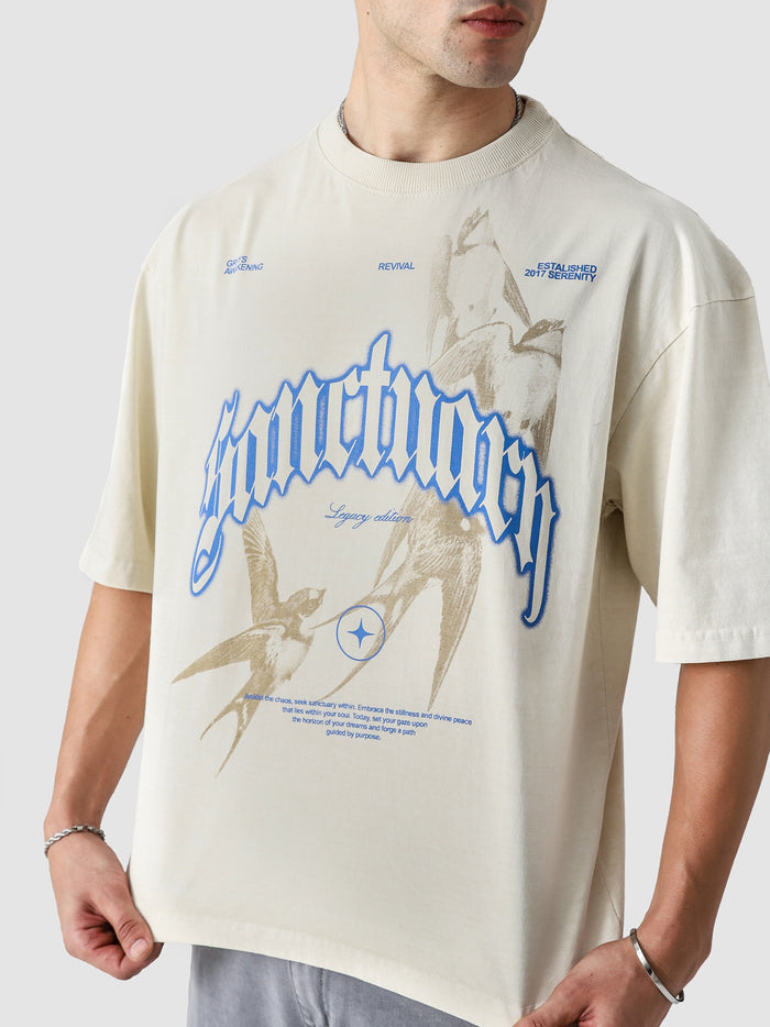 Off-White Sanctuary Tee Female Model Front View – GROOVY Pakistan