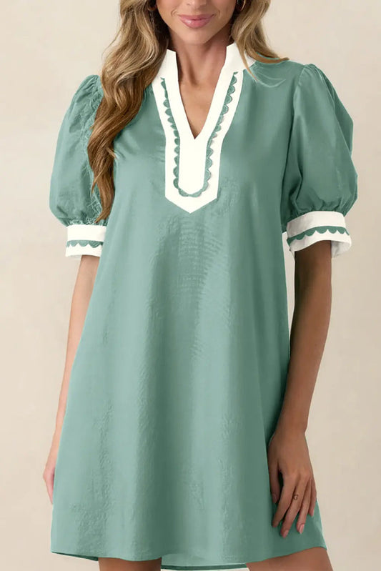 Scallop Color Block Trim Puff Sleeve Mini Dress – Canton