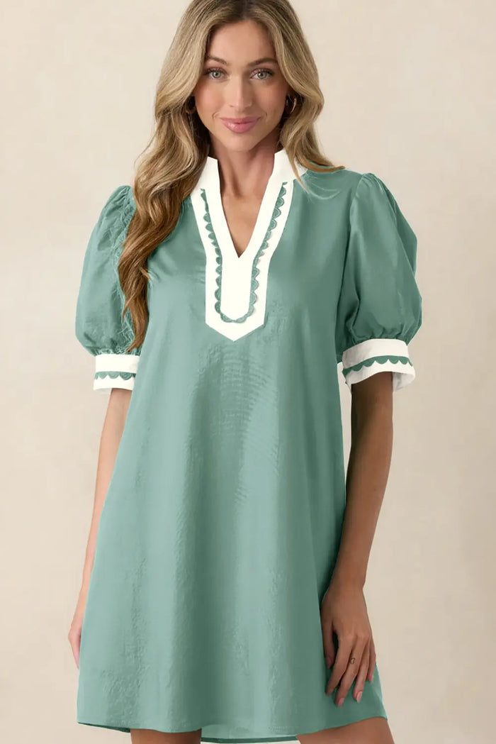 Scallop Color Block Trim Puff Sleeve Mini Dress – Canton