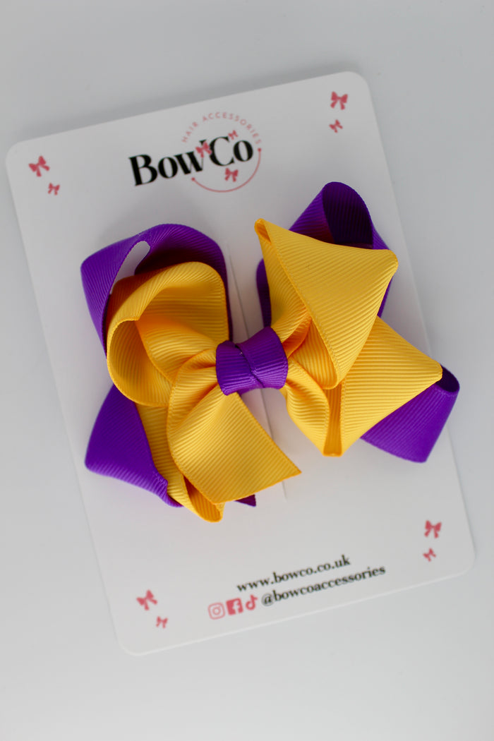 School Purple and Yellow Gold Double Loop Bow - Clip