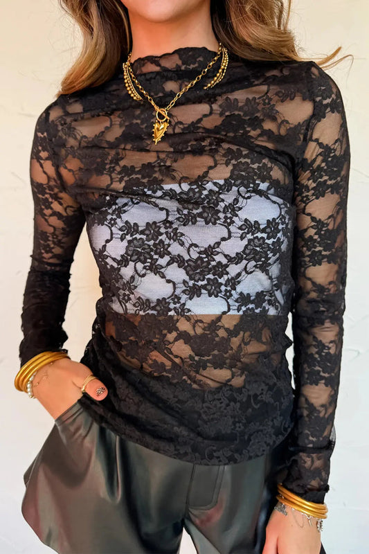 Sheer Floral Lace Lettuce Trim Mock Neck Long Sleeve Top – Black