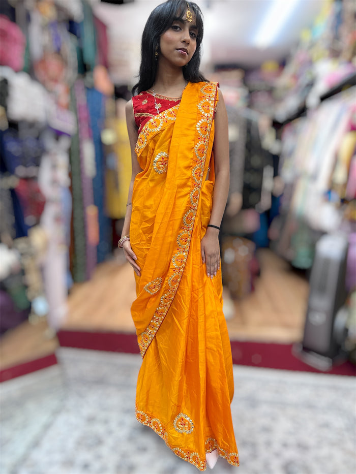 Silk Embroidered Golden Yellow Fully Pleated Saree