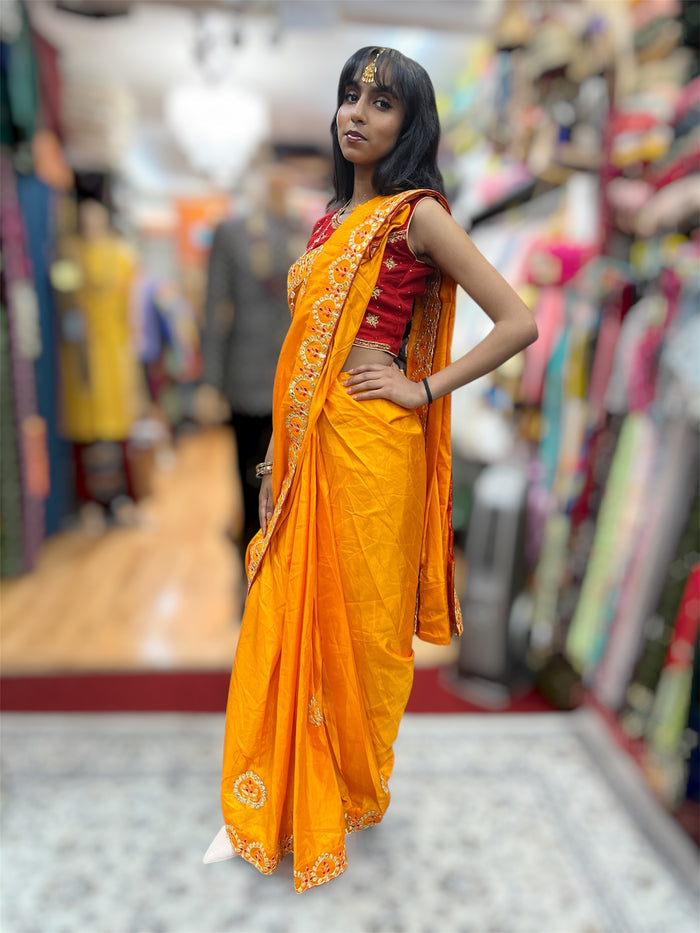 Silk Embroidered Golden Yellow Fully Pleated Saree