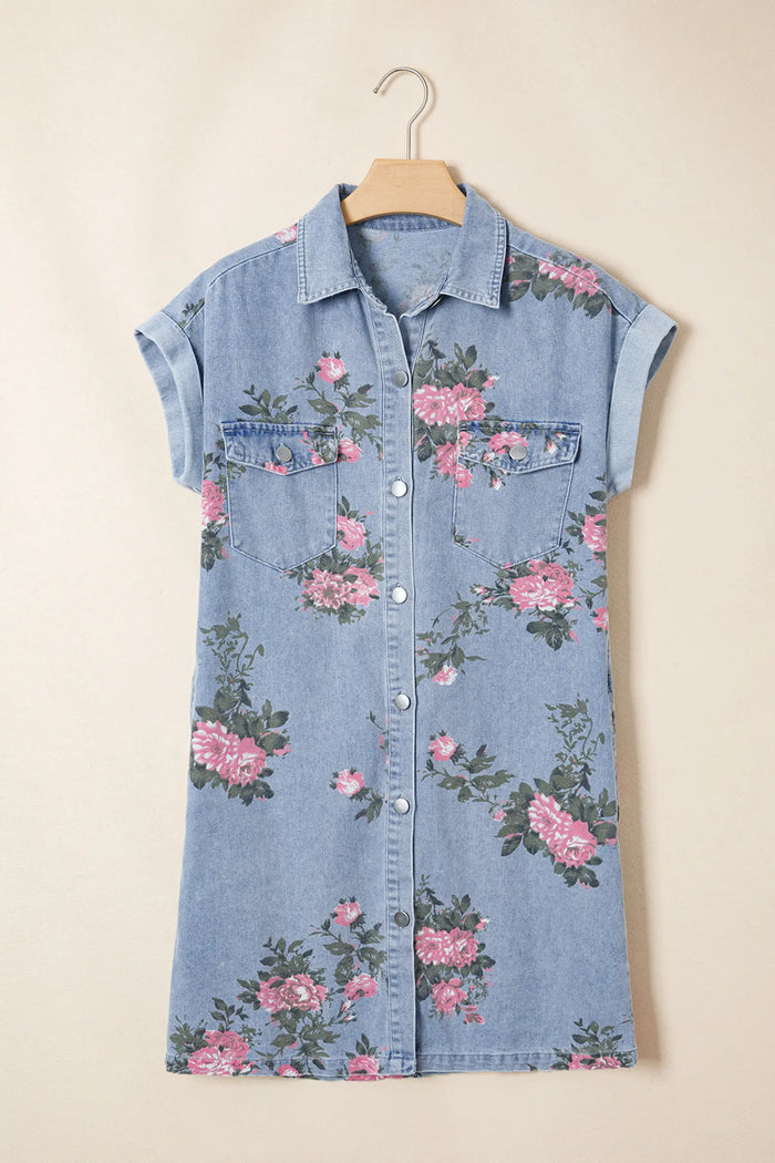 Sky Blue Denim Floral Print Cuffed Short Sleeve Button Down Shift Dress