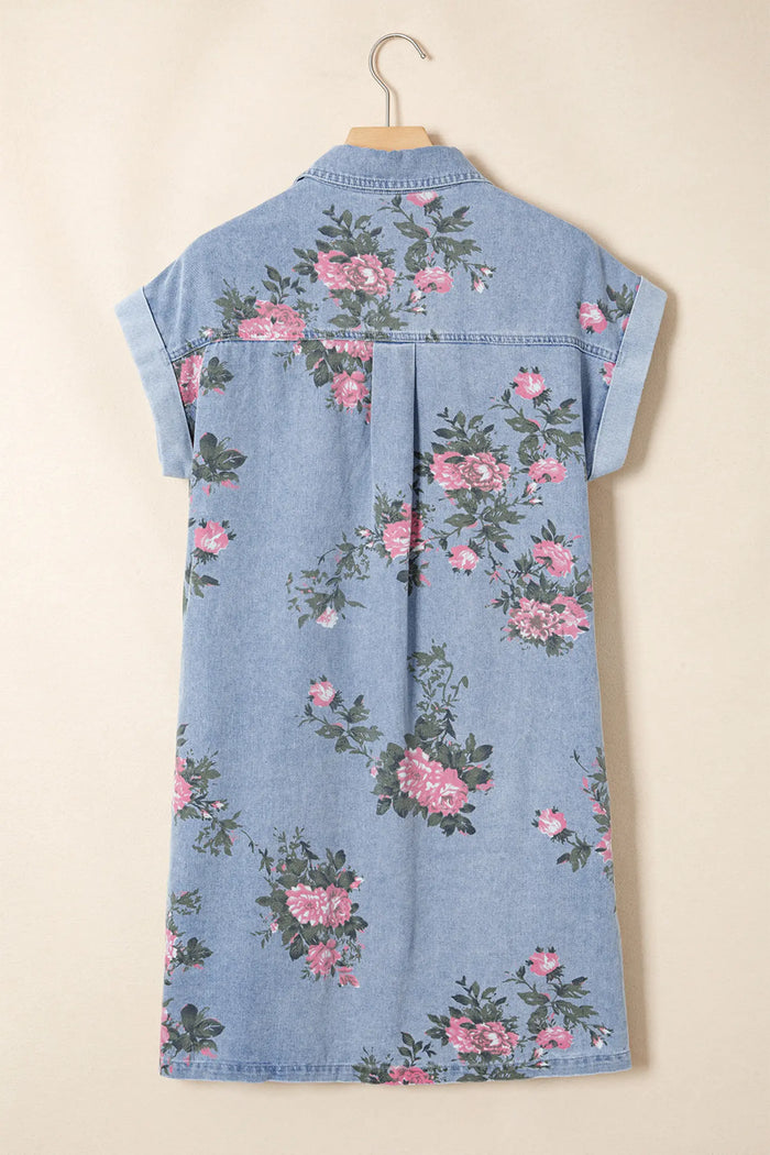 Sky Blue Denim Floral Print Cuffed Short Sleeve Button Down Shift Dress