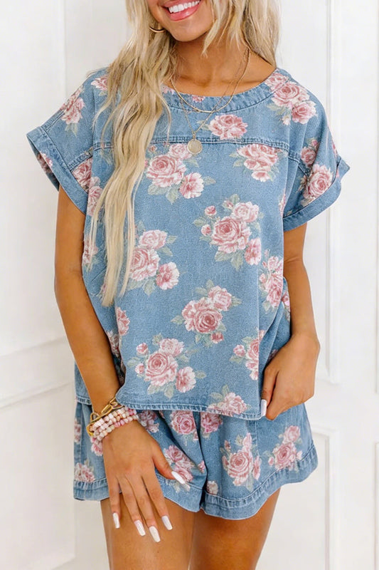 Sky Blue Floral Denim Short Sleeve Top Loose Shorts 2pcs Set – Light Blue