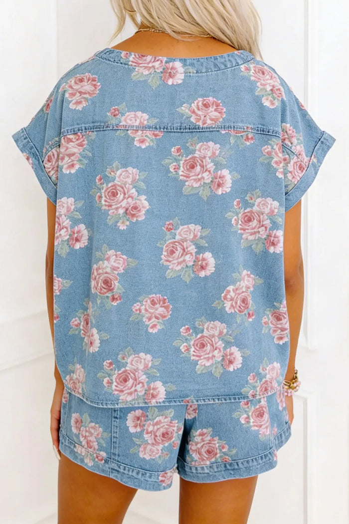 Sky Blue Floral Denim Short Sleeve Top Loose Shorts 2pcs Set – Light Blue