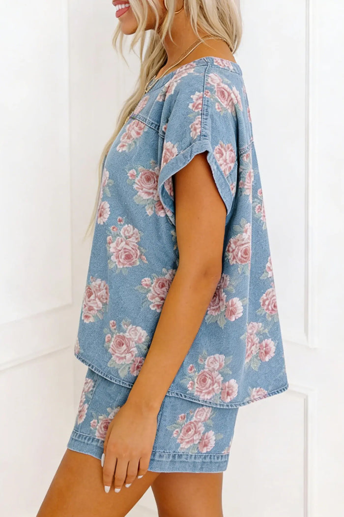Sky Blue Floral Denim Short Sleeve Top Loose Shorts 2pcs Set – Light Blue