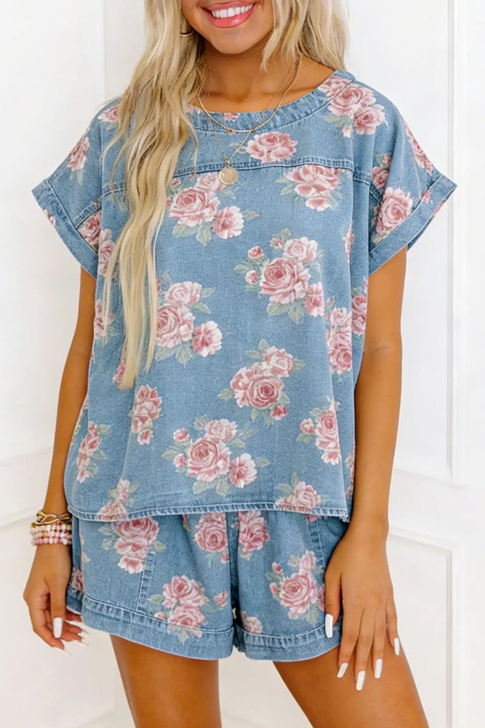 Sky Blue Floral Denim Short Sleeve Top Loose Shorts 2pcs Set – Light Blue