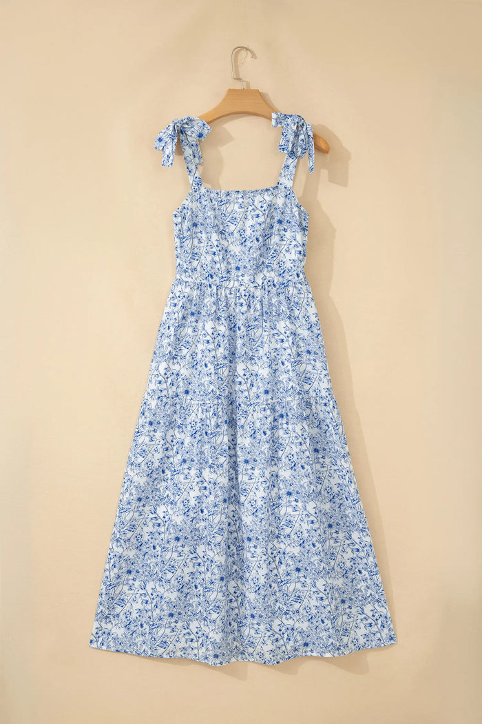 Sky Blue Floral Print Knot Straps High Waist Flared Maxi Dress