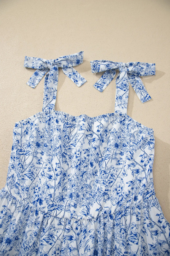 Sky Blue Floral Print Knot Straps High Waist Flared Maxi Dress