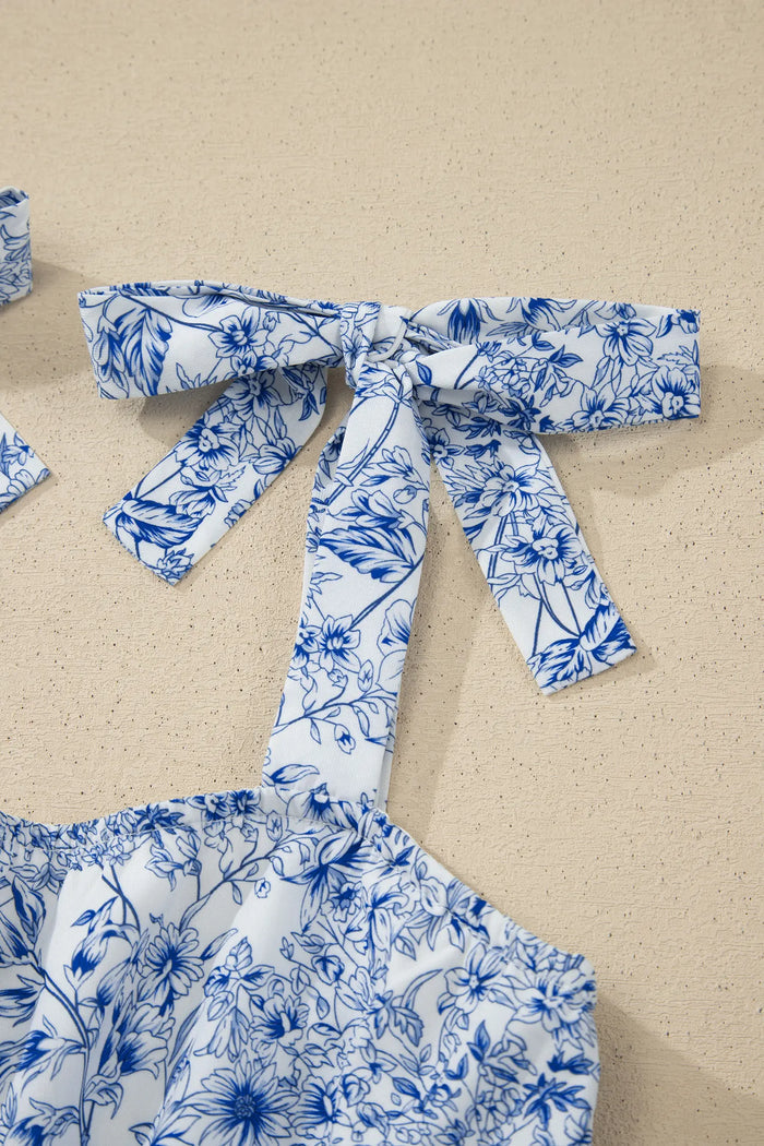Sky Blue Floral Print Knot Straps High Waist Flared Maxi Dress