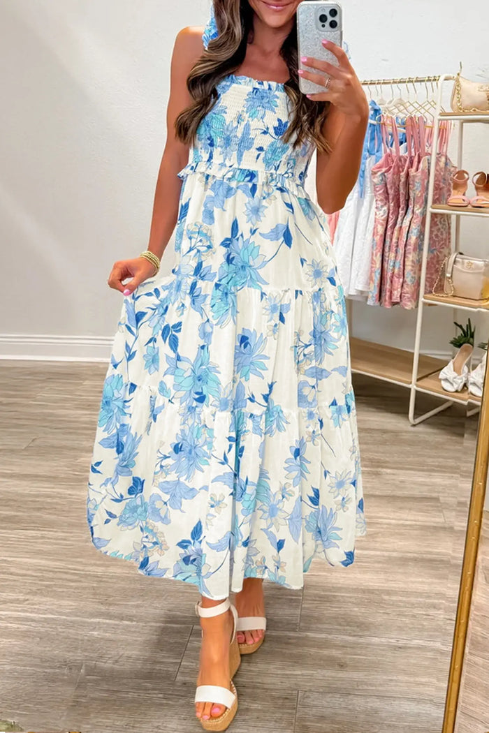 Sky Blue Ruffled Straps Smocked High Waist Floral Maxi Dress – Light Blue