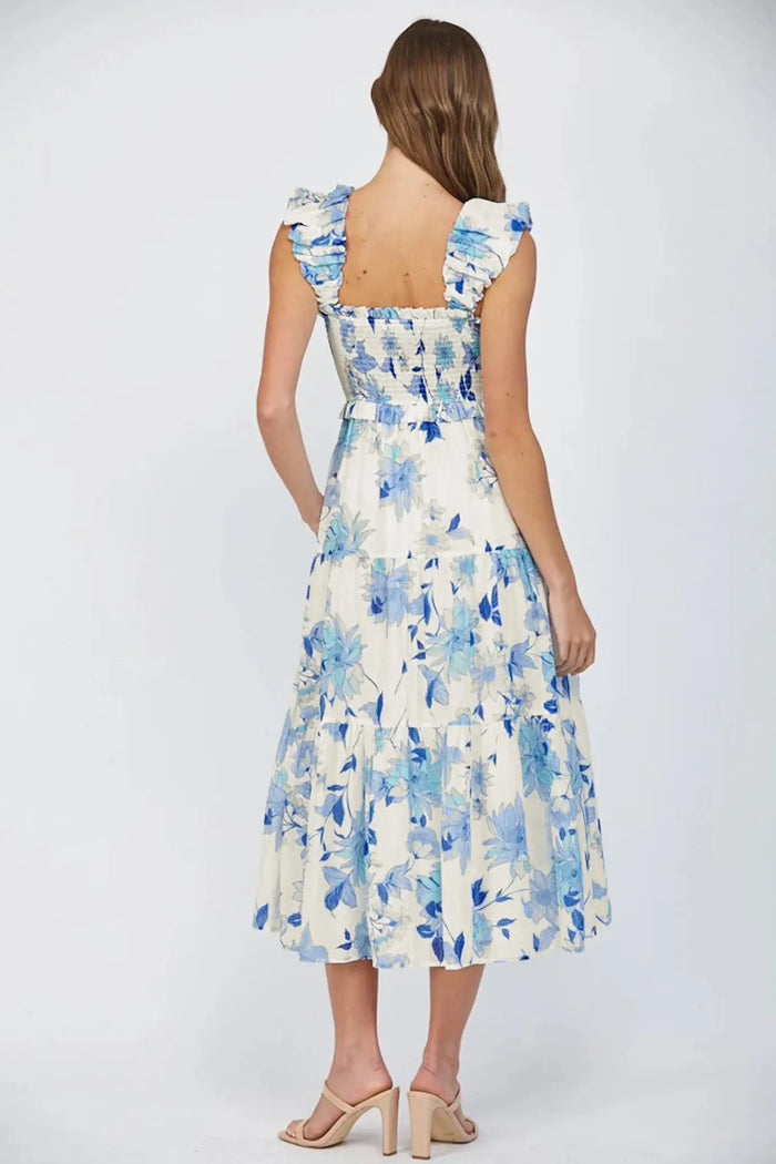Sky Blue Ruffled Straps Smocked High Waist Floral Maxi Dress – Light Blue