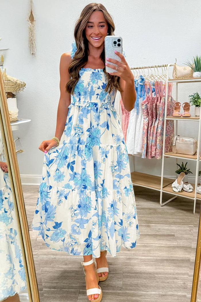 Sky Blue Ruffled Straps Smocked High Waist Floral Maxi Dress – Light Blue