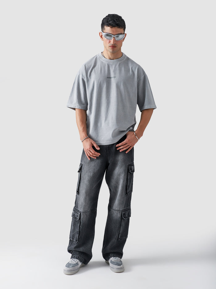 Slate Grey Washed Blank Tee Male Model Full Body Front – GROOVY Pakistan